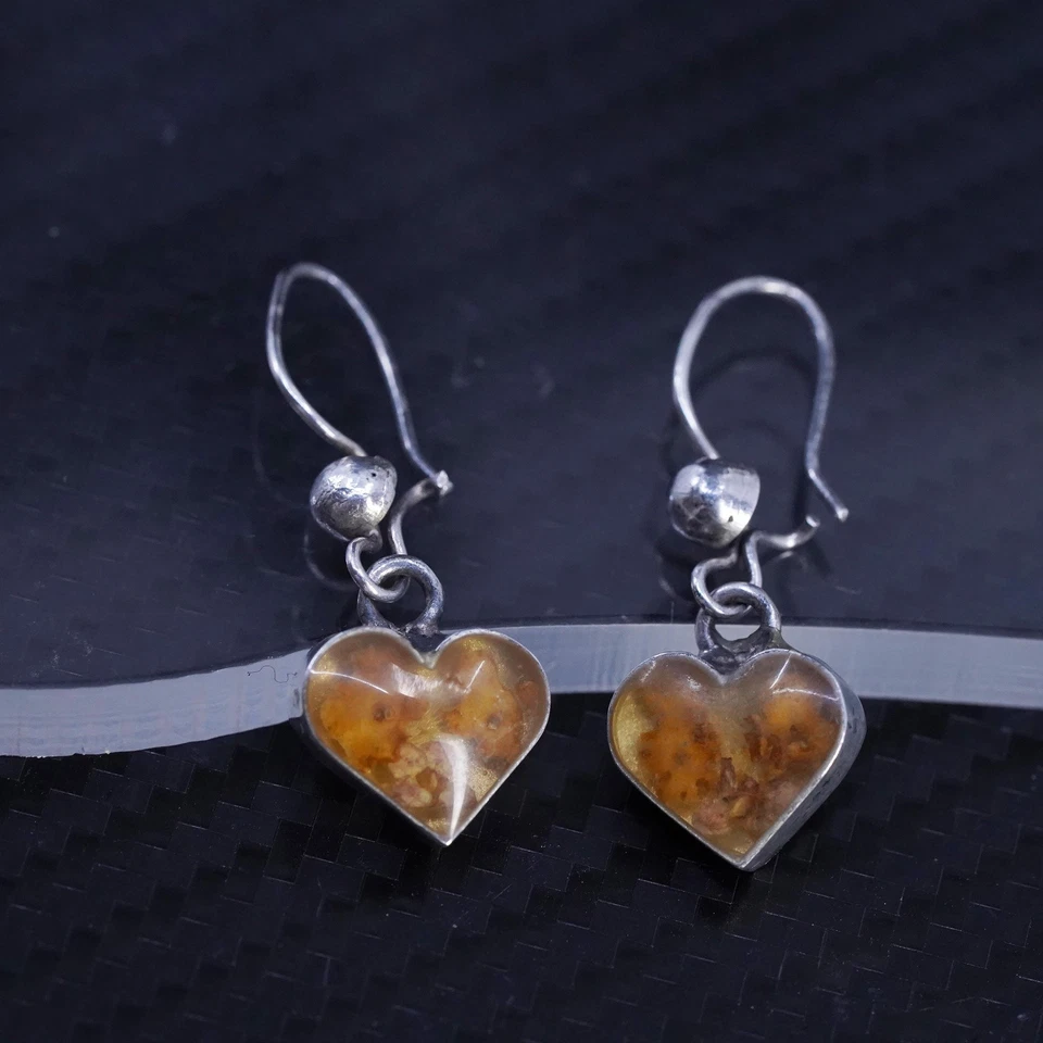 Vintage Mexican sterling silver 925 handmade heart earrings with resin flower - Image 4 of 4