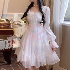 Sweet Fairy Lolita Dress Women Long Sleeve Lace Minidress Vintage Kawaii Dress