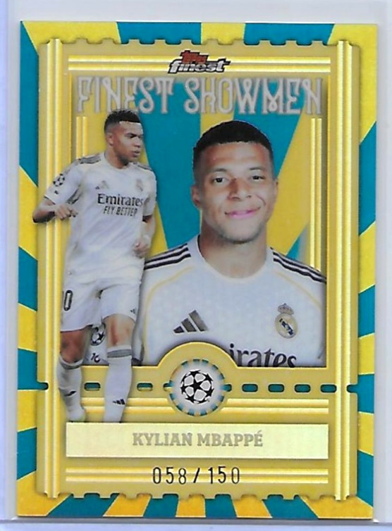 KYLIAN MBAPPE 2025-26 TOPPS FINEST UCL SHOWMEN BLUE REFRACTOR 58/150 #FS-10