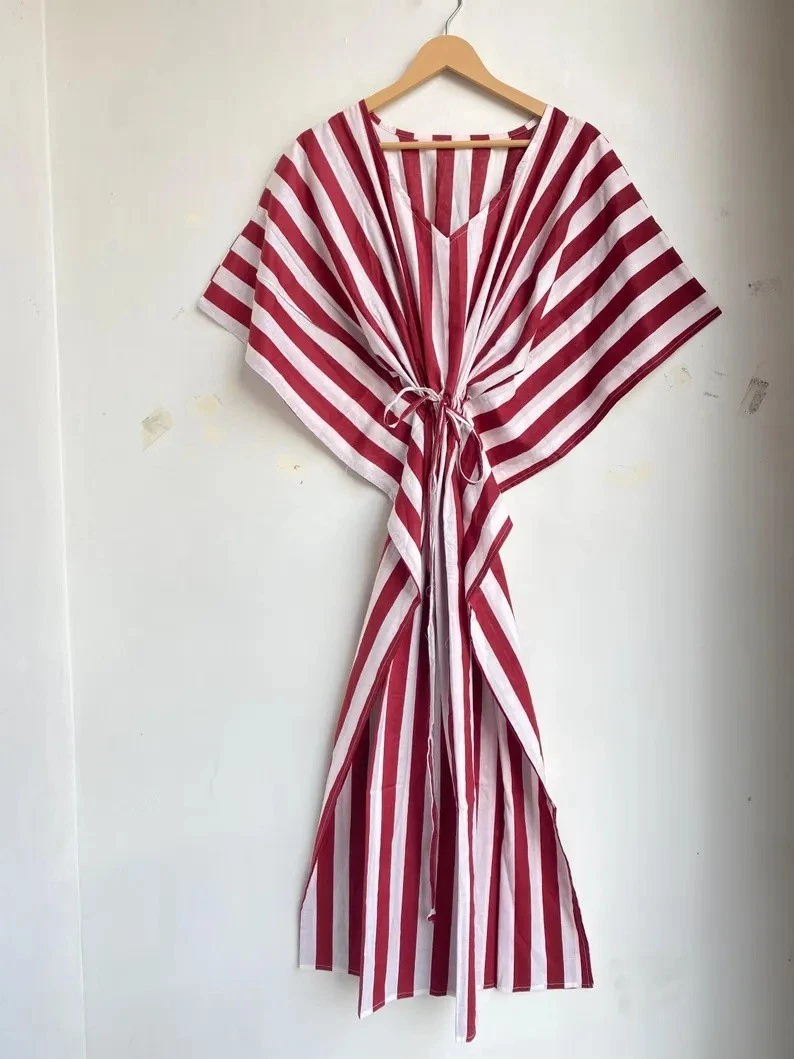 Indian Cotton Red & Pink Printed Kaftan Dress Women's Clothing Kaftan Dress US