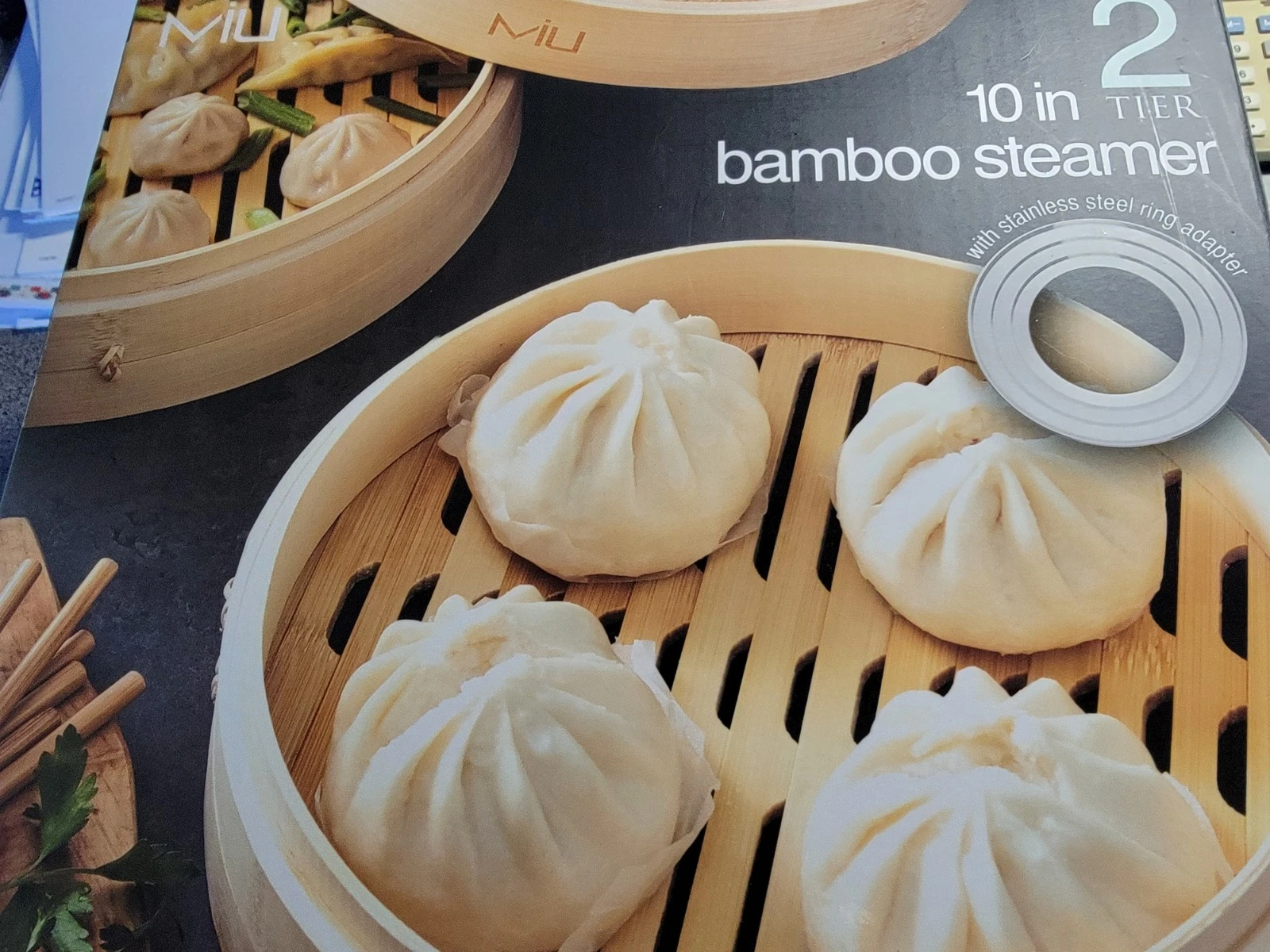 MIU 10-inch 2 tier Bamboo Steamer Basket with SS ring adapter new in box