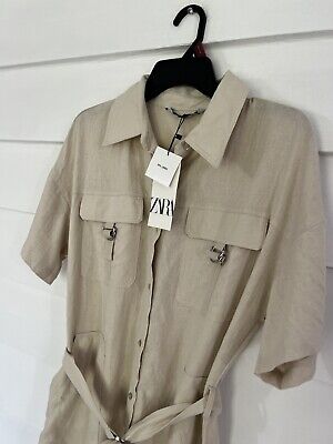 NEW ZARA BEIGE SHORT JUMPSUIT WITH 50% LINEN BELT WAIST 28 NEW ZARA BEIGE SHORT JUMPSUIT WITH 50% LINEN BELT WAIST 28