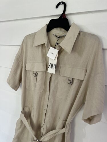 NEW ZARA BEIGE SHORT JUMPSUIT WITH 50% LINEN BELT WAIST 28" SIZE M Y222 (READ) - Picture 6 of 18