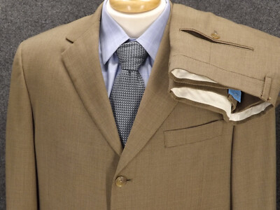 Hart Schaffner Marx Suit 43R Soild Brown Wool 36x28 Pleated Pants 2 Piece 3 Btn