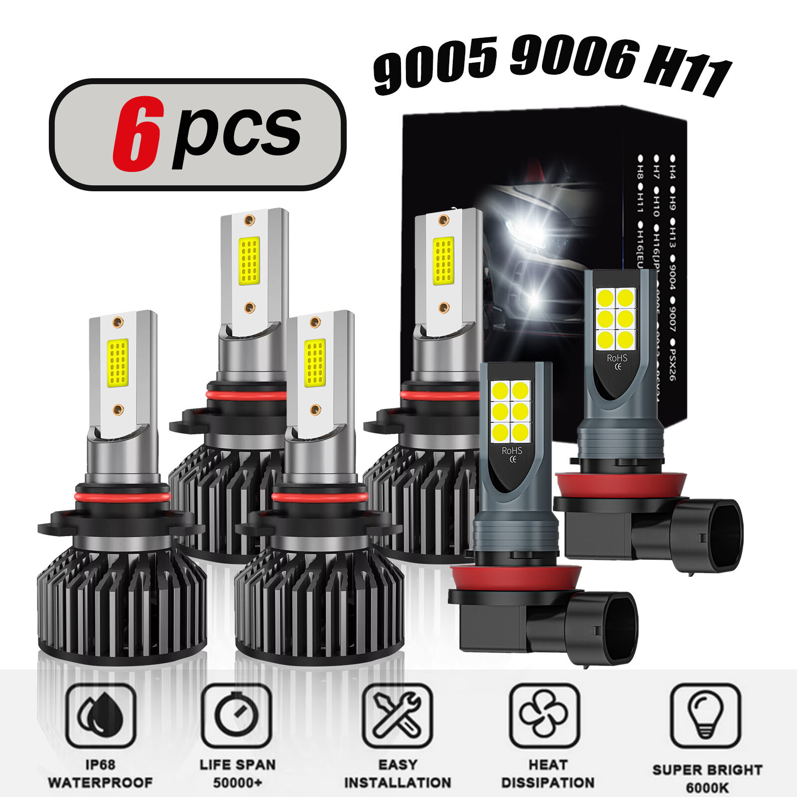 9005 9006 H11 LED Headlight Fog Light Bulbs Combo Kit 6500K White High Low Beam