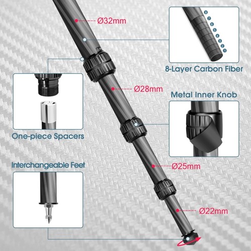 Manbily Tripod Carbon Fiber Tripod, 32mm Tube, Max. Load 44lbs/20kg WZ-324 - Picture 5 of 6