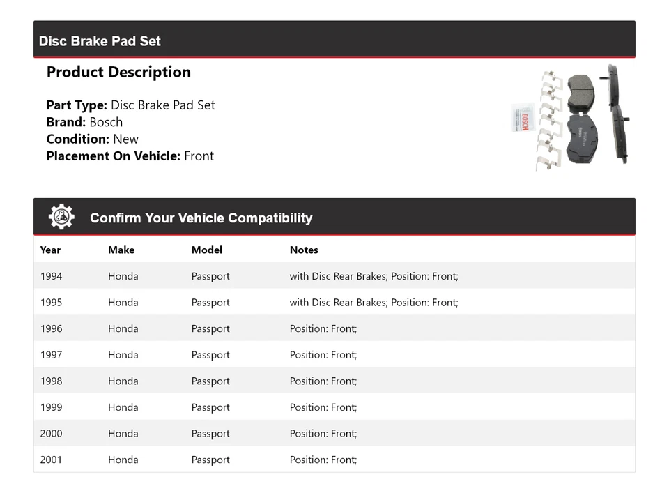 Pastillas de freno delanteras de cerámica QuietCast 1995 1996 para Honda Passport Bosch 1994-2001 Foto 2 de 4
