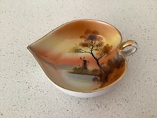 NORITAKE ANTIQUE HAND PAINTED HANDLED SERVING BOWL—WINDMILL BY THE LAKE -HEART