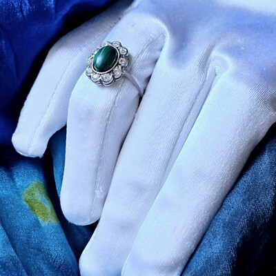 Bague Vintage Artisanale Argent 925 Et Malachite 20x10mm - Taille 58, Occasion