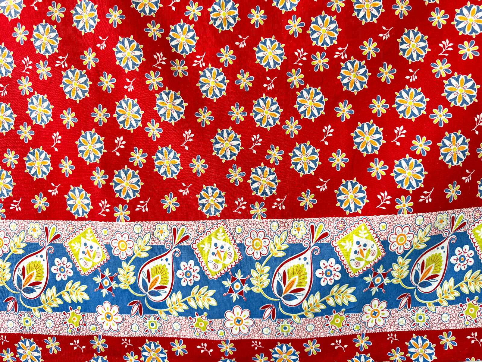 Vintage Feed Sack Fabric - Bright Red with Blue and Yellow Flowers and a Border