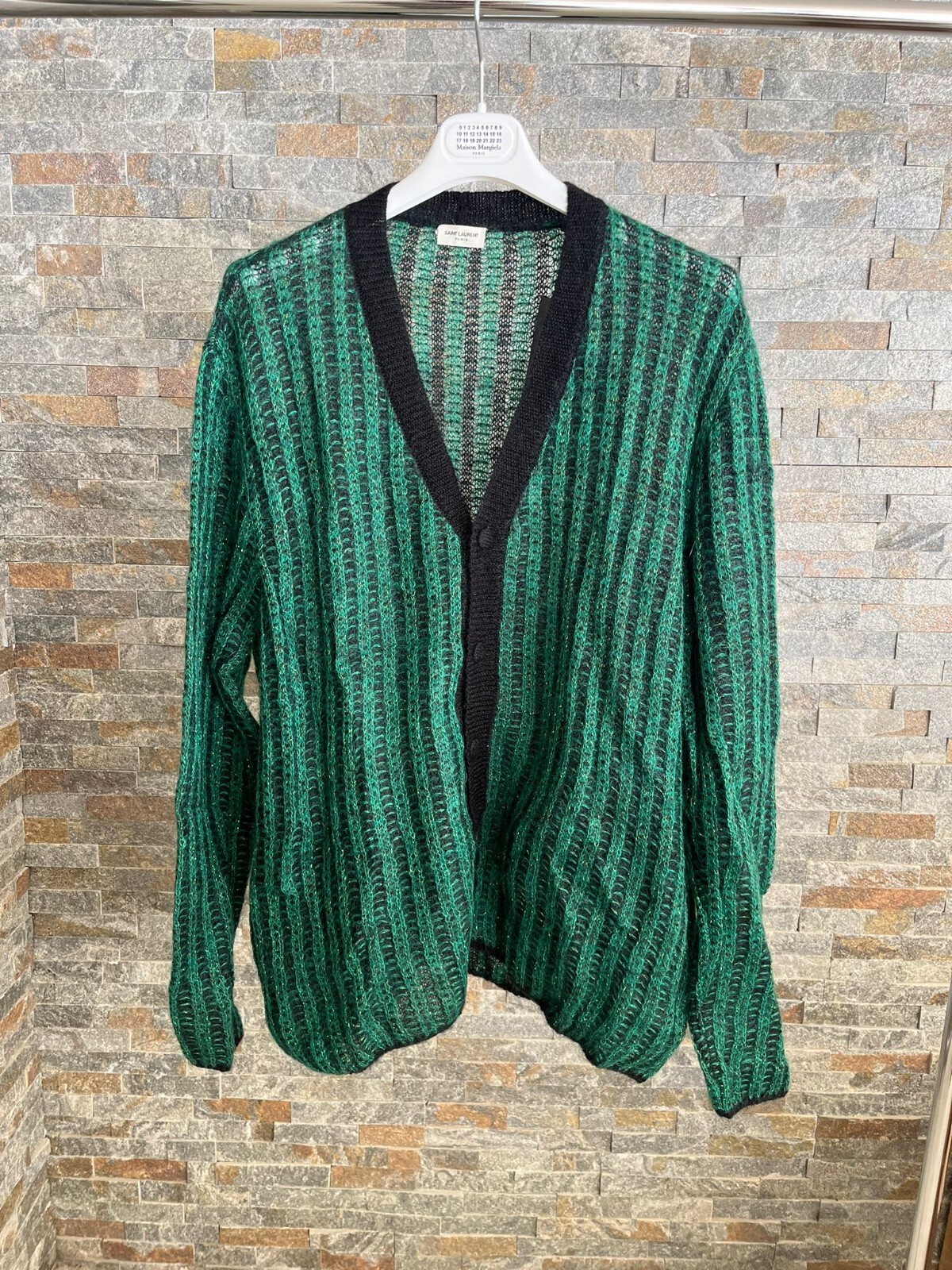 Saint Laurent Paris cardigan skate mohair verde e nero nuovo con etichette L