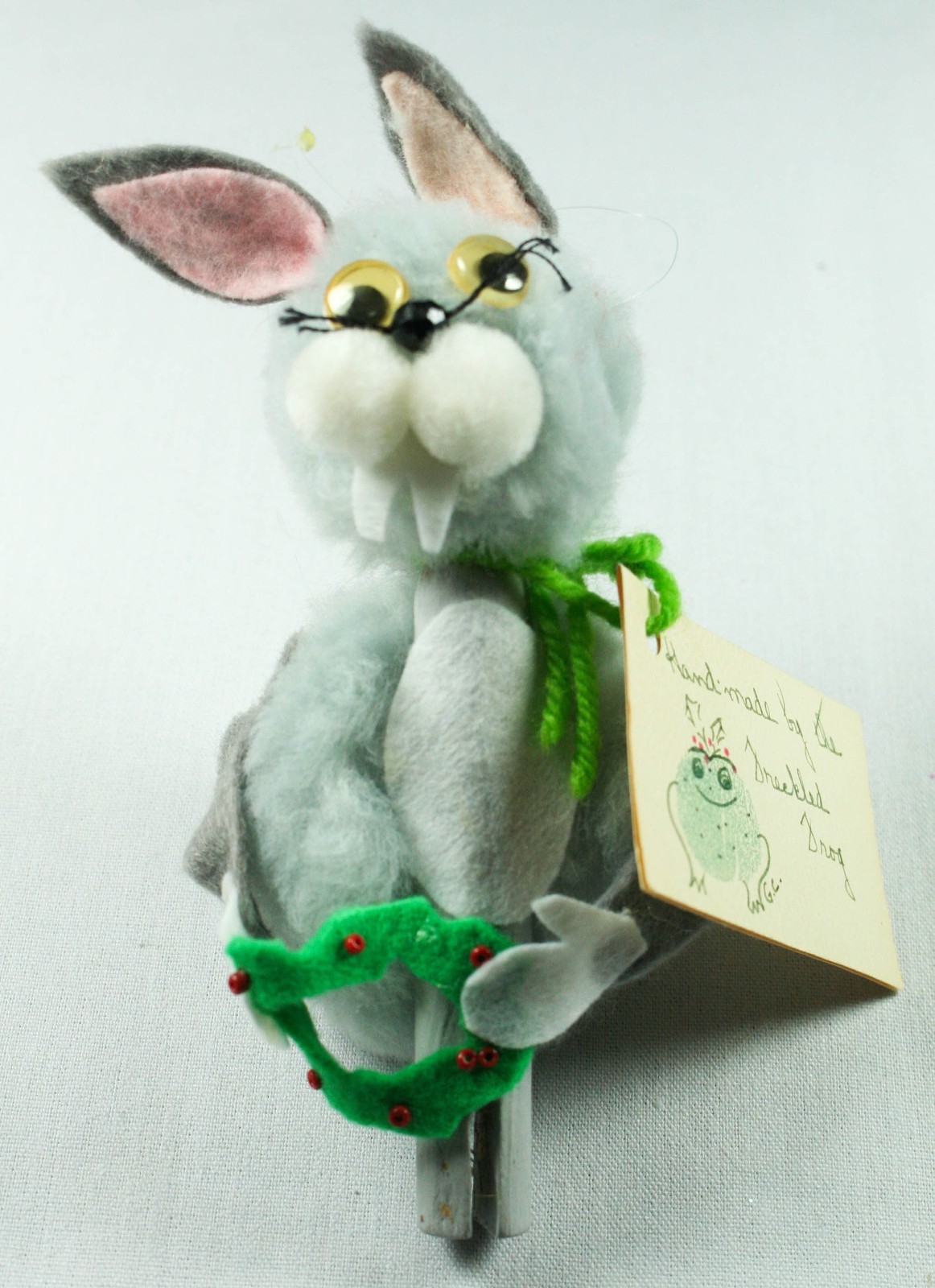 Handmade Grey Clothespin Rabbit with Wreath Christmas Ornament Holiday Decoration