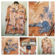 Tommy Bahama Shirt Mens Large Orange Floral Hawaiian Island Mountains Aloha Dad