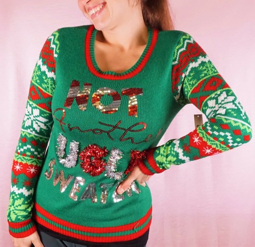 Ugly Christmas Sweater Green Tinsel Sequins Fair Isle Not Another XS-L NWT - Picture 3 of 4