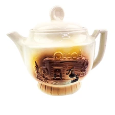 Vintage Brown & Cream Farmhouse Ceramic Teapot Raised Cottage Scene Country Deco