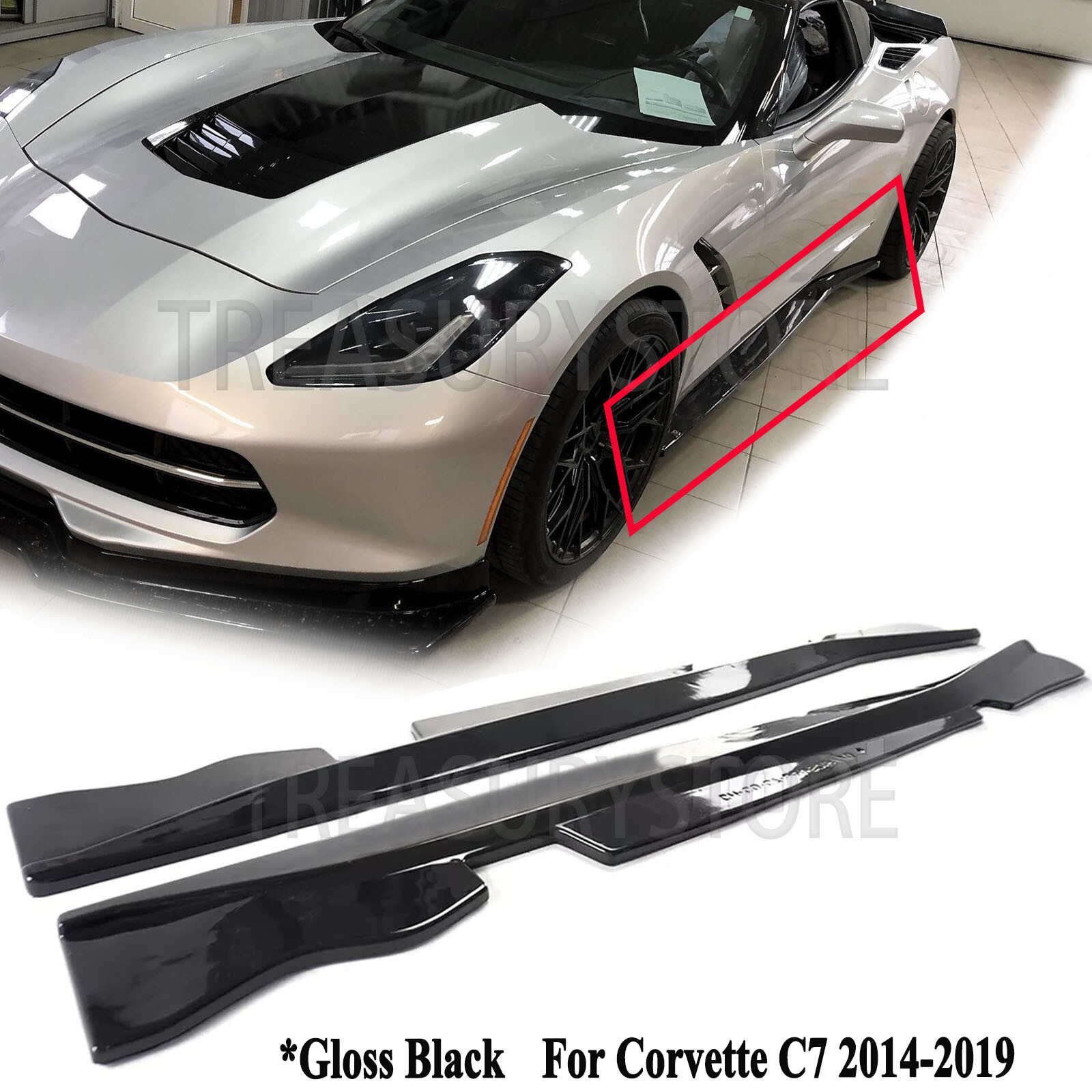 For Corvette C7 14-19 V2 Style Gloss Black Side Skirt Extension Lip Rocker Panel