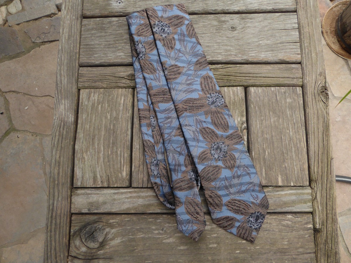 マリン WEMBLEY Mens NECKTIE TIE Wem Silk Brown Blue Floral Nature So Nice