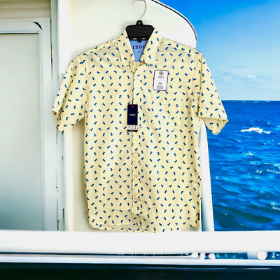 Men's Small IZOD Cool FX Yellow Blue Pineapple Button Front Shirt Athletic Fit