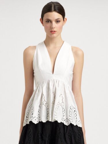 NEW THAKOON Lace Peplum Top Embroidered White Eyelet Blouse V Neck 6 - Picture 1 of 9