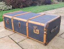 3' Vintage Wood Banded Steamer Trunk Black Faux Leather Chest Coffee Table Prop