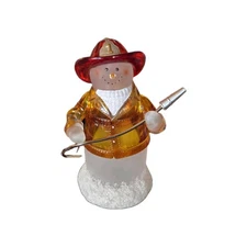 Frosted Firefighter Fireman Snowman Figurine Holding Hose W/Fireman Helmet NWT