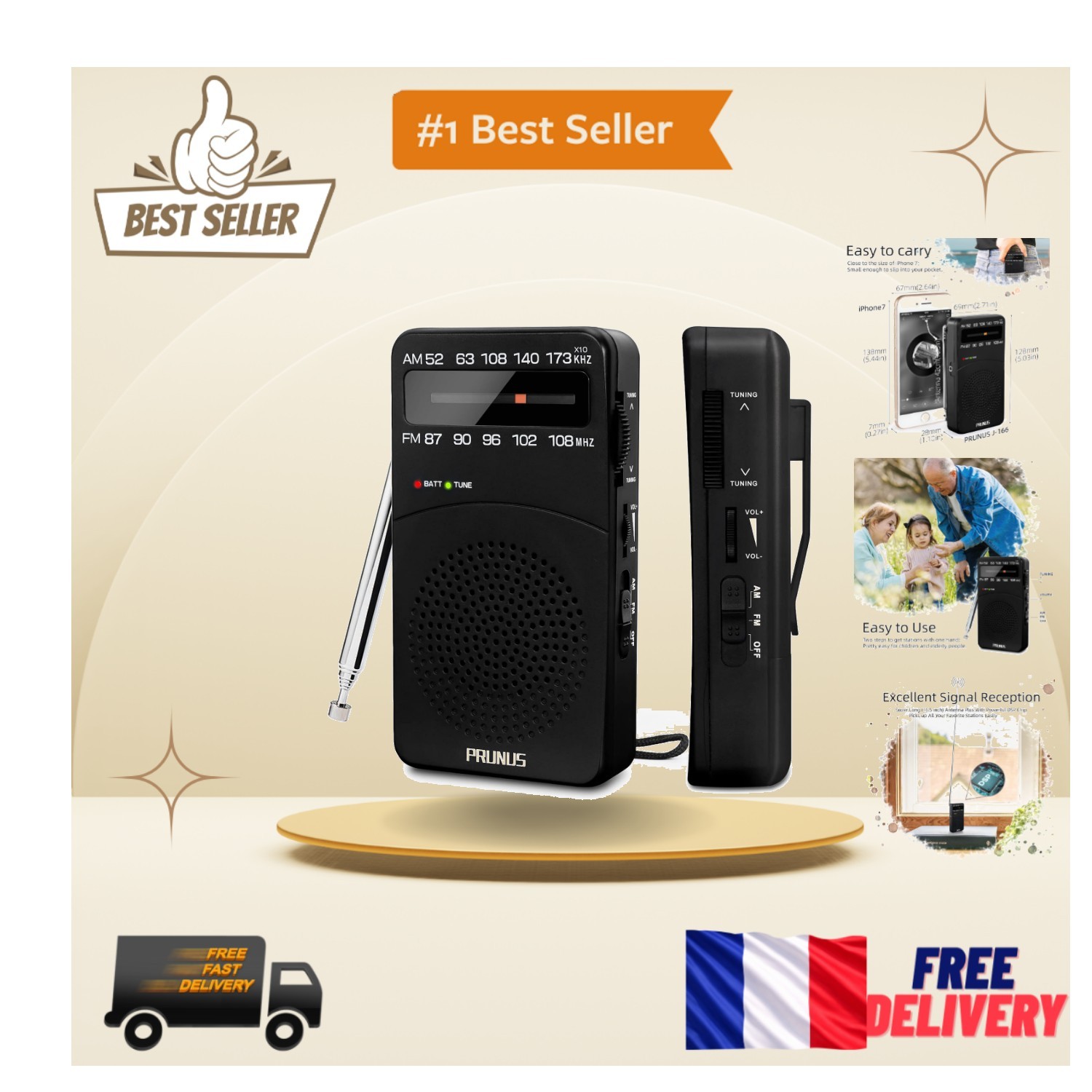 Radio portable AM FM compacte Prunus J-166 pour cuisine et jardin