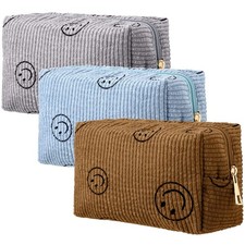 Photect 3 Pcs Corduroy Makeup Bag Pouch, Classic, Blue, Brown, Dark Gray