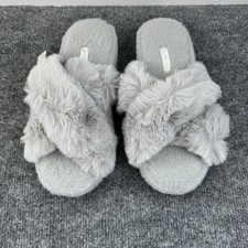 Gara Tia Fuzzy Slippers Wmns 5-6.5 Gray Criss Cross Open Toe Plush Cozy Slip On
