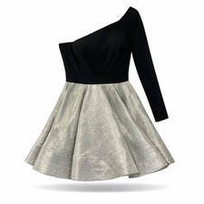 Ieena for Mac Duggal One Shoulder Black Gold Metallic Fit Flare Dress Sz 8 48929