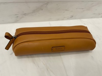 NEW - TUMI Zippered 100% LEATHER Pencil Case - Cord Pouch - SADDLE TAN
