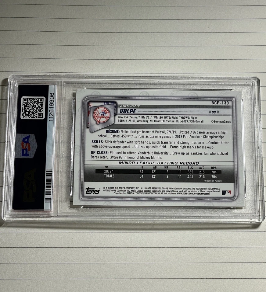 2020 Bowman Chrome Anthony Volpe Pre-Rookie 1st Mega Refractor #BCP-139 PSA 10 - Image 2 of 2