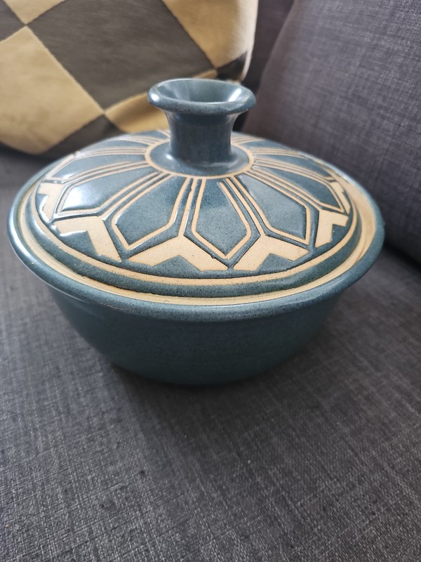 Vintage Teal Glazed Ceramic Covered Casserole Dishwith Geometric Design