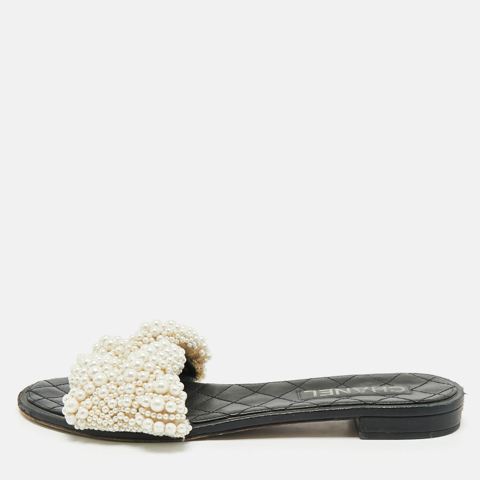Chanel Black Leather Flat Slides with Pearl Embellishment Size 40