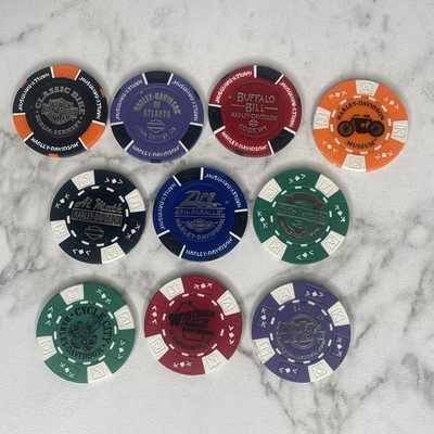 Harley Davidson Lot of (10) Poker Chips ~ WY UT CA WI HI MI GA Germany B9-74