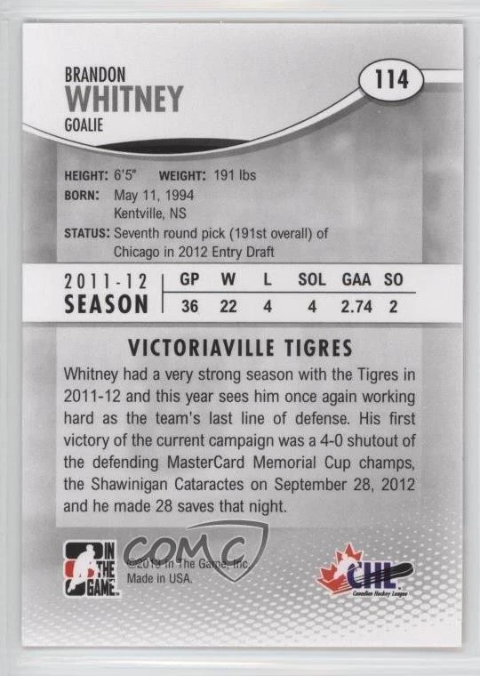 2012-13 ITG Heroes and Prospects Brandon Whitney #114 - Image 2 of 2