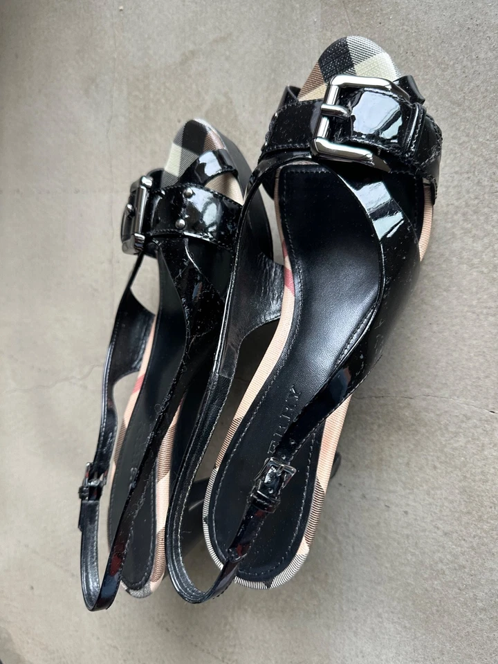 Burberry Black Patent Leather Check Slingback Sandals – Size EU 40 / UK 7 - Image 3 of 4