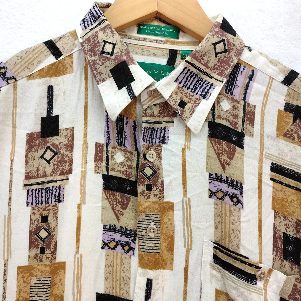 Camisa Carven Paris Para Hombres XL Marrón Mezcla de Lino Gráfico Azteca del Suroeste AOP Y2K Foto 2 de 4