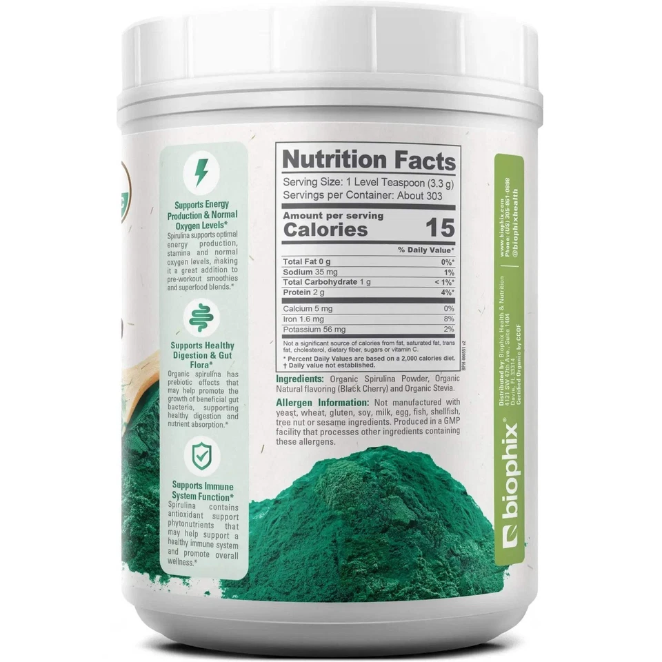 Espirulina orgánica biophix en polvo sabor cereza negra 2,2 libras 1 kg Foto 2 de 4