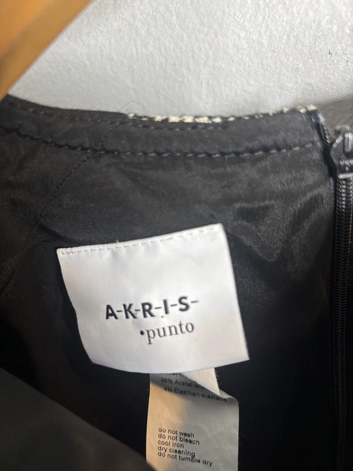 Vestido Akris Punto Mujer Talla 10 Negro Pata de Gallo Vaina Volantes Dobladillo Manga 3/4 Foto 4 de 4