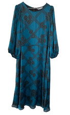 PRINCIPLES DRESS 18 TEAL BLUE Floral Chiffon Bishop Sleeves Dogtooth Long Boho