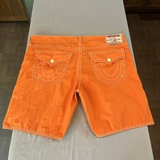 TRUE RELIGION SIZE 40 ORANGE w/WHITE STITCH MADE IN USA MENS TRUNKS BOARD SHORT