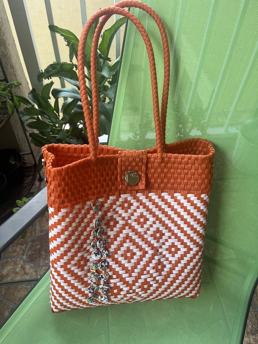 Mexican Market Tote Beach Bag Woven Recycled Plastic Medium Orange
