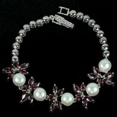 Silber Armband Rhodolith natürliche rosa Edelsteine und Perle massiv Sterling 7,25 Zoll