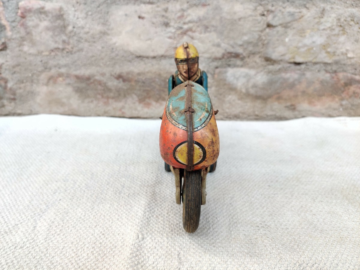 Vintage Rare No 73 Rider On Motorcycle Tin Friction Toy Working