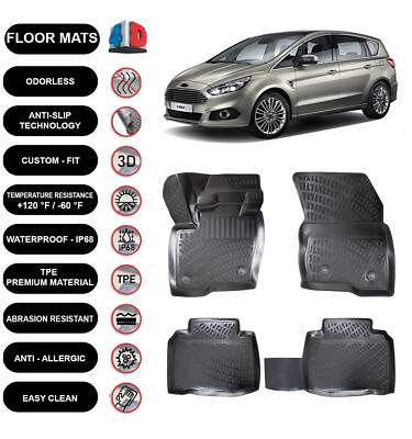 Floor Mats Liner Fits Ford S-Max (2014-2019) Waterproof 4D Molded Black 4pcs