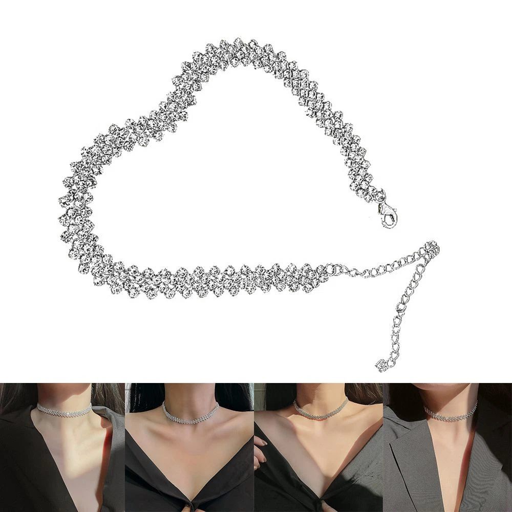 Metal Short Chain Row Diamond Necklace Rhinestone Choker For Women Girls