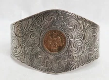 1899 GOLD MEXICO CULIACAN MINT 1 PESO in 1953 RODEO CHAMPION SILVER BRACELET