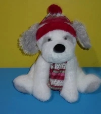 12" Hugfun St Jude Gray White Puppy Dog Joey Red Hat Scarf Stuffed Plush Animal