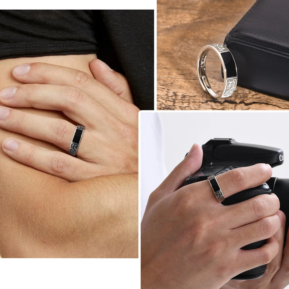 Anillos Vnox Retro Unisex Monograma Rectángulo Esmalte Negro, Anillo Apilable Nudillos Foto 2 de 4