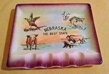 NEBRASKA ASHTRAY BEEF STATE VINTAGE CERAMIC CATTLE COW STEER BUFFALO FISH BIRD.